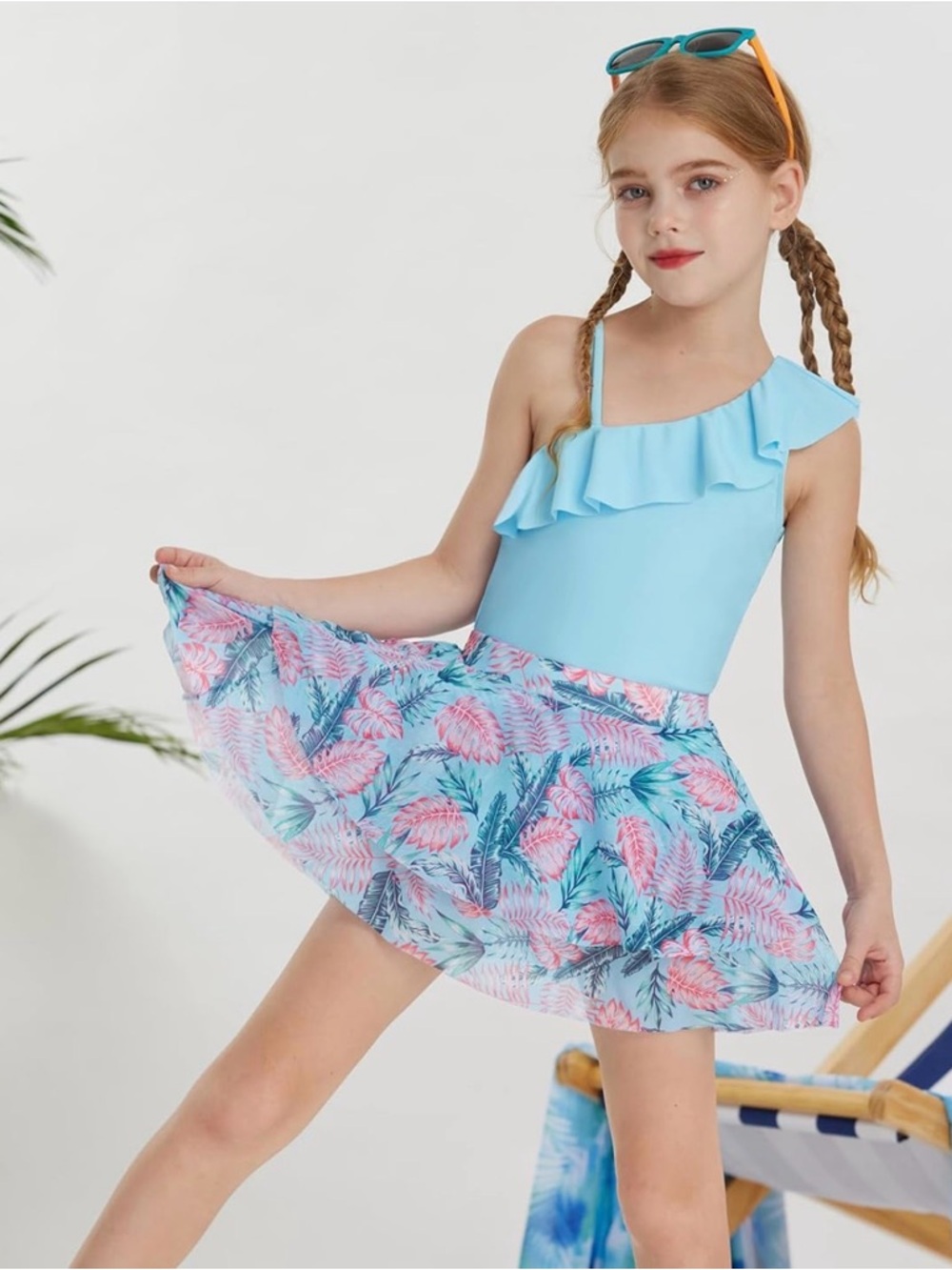 Grace Karin Kids One-Piece Swimsuit in Light Blue with Floral Skirt